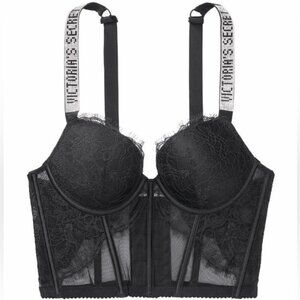 Victoria's Secret black lace bustier with rhinestone straps 38D